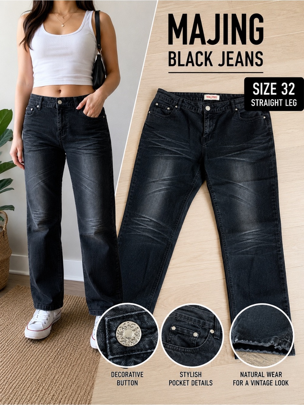 MAJING Black Straight Leg Jeans Size 32 Long Denim Pants 35” Outseam